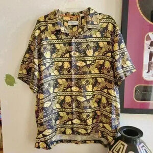 VINTAGE CARIBBEAN PURE SILK Men's Shirt Size XL Black & Yellow Tan Button Down